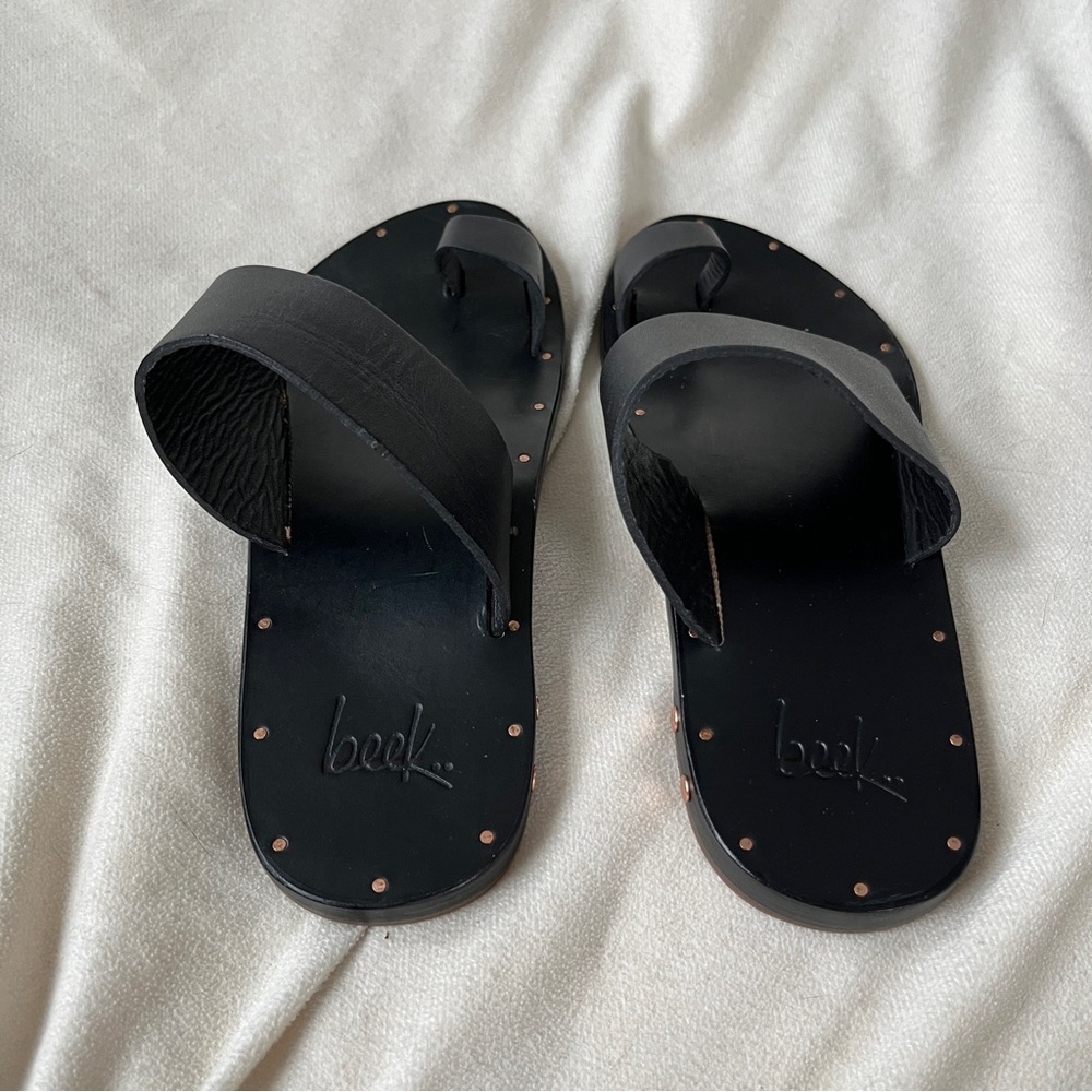 Beek Finch Handmade Leather Slide Sandals Black Ring Tan Women’s Size 5 NWOT - Picture 7 of 8